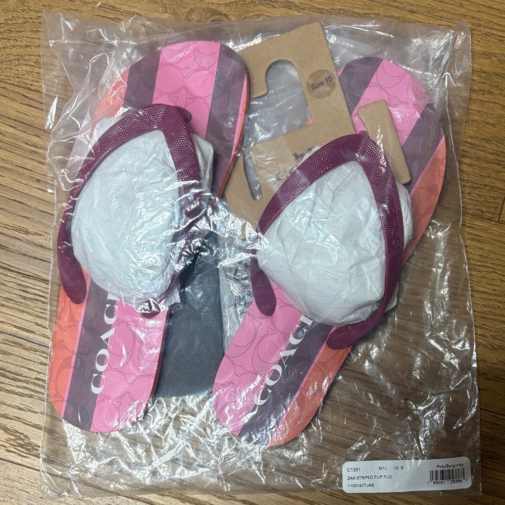 Coach Pink and Plum Striped Signature Flip Flops